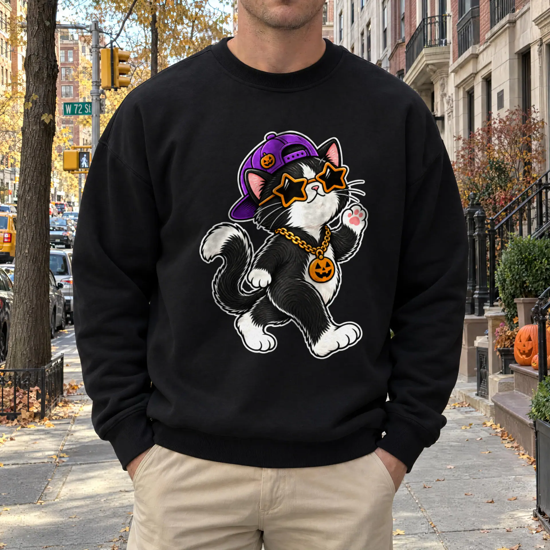 Trick or Treat Cat Crewneck in black — view 3